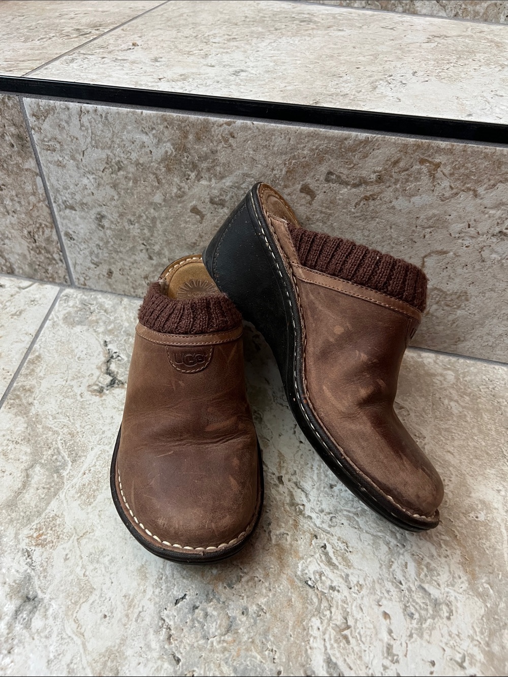 UGG Brown Leather Slip-On Clog with Knit Collar